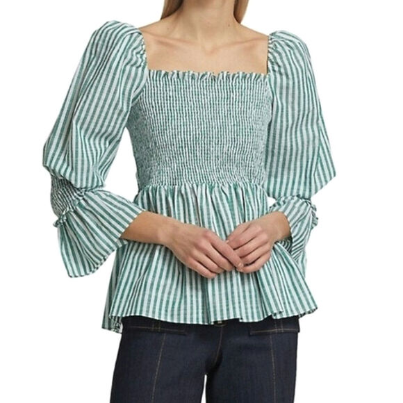 cinq a sept Tops - Cinq à Sept Adly Green White Stripe Smocked Puff Sleeve Peplum Top M